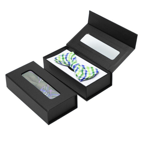 Black Textured Rigid Bow Tie Gift Box with Window Insert