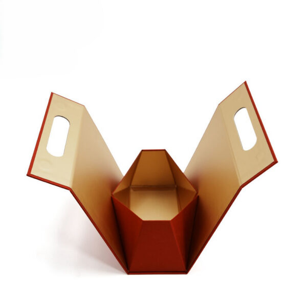 Red Rigid Folding Wine Bottle Gift Box with Die-Cut Handle Red Rigid Folding Wine Bottle Gift Box with Die-Cut Handle