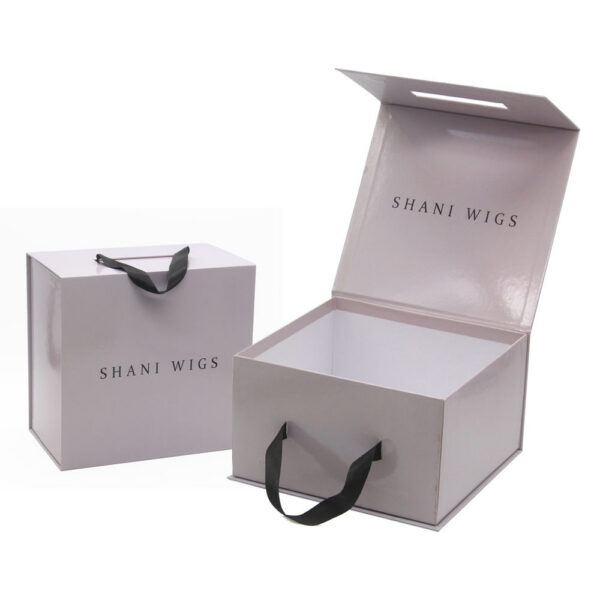 Rigid Wig Packaging Box with Ribbon Handle and Logo Print Rigid Wig Packaging Box with Ribbon Handle and Logo Print