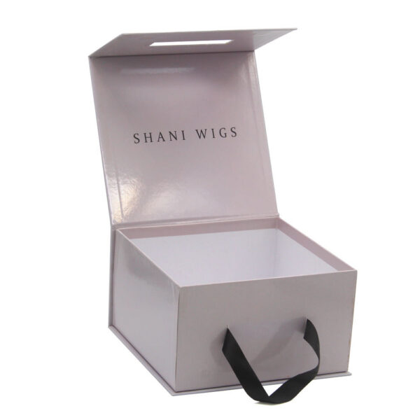 Rigid Wig Packaging Box with Ribbon Handle and Logo Print Rigid Wig Packaging Box with Ribbon Handle and Logo Print