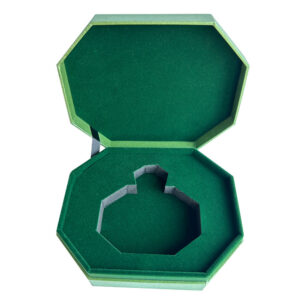 Open perfume gift box with green flocked bottle insert