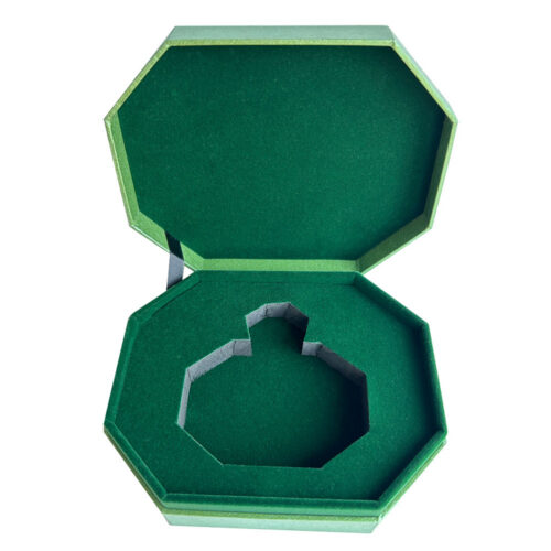 Open perfume gift box with green flocked bottle insert Open perfume gift box with green flocked bottle insert